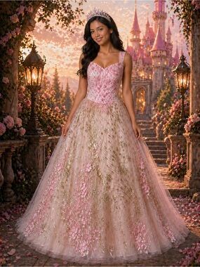 #777 Pink tulle lace appliques ball gown-Medium-Size 10/12